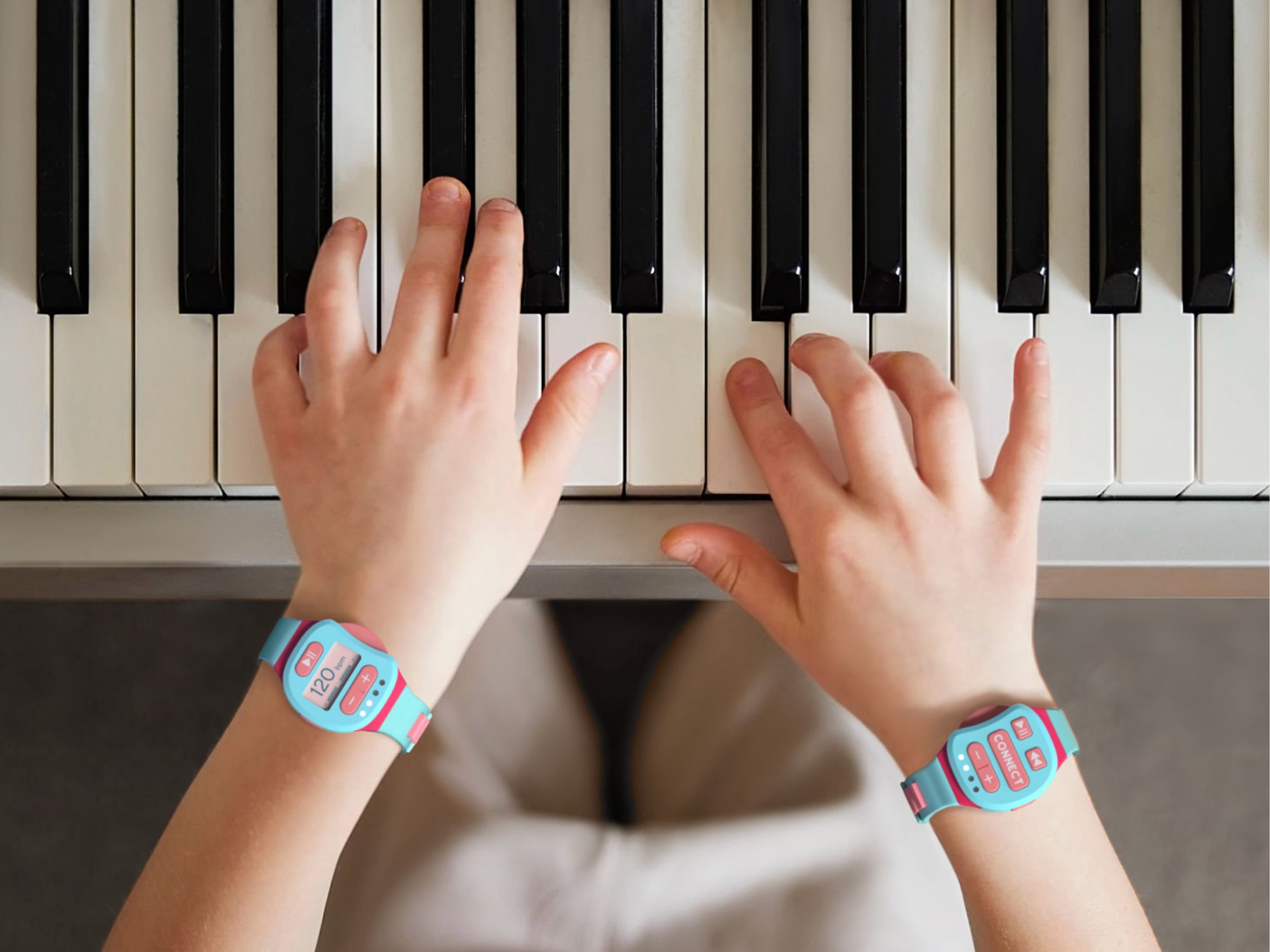 Image of a child practising piano wearing Rhythma.