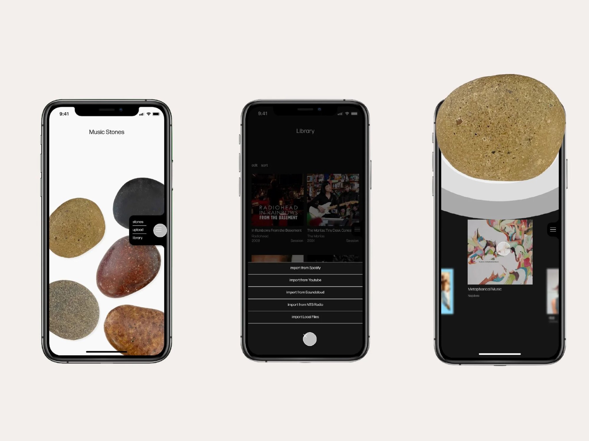 The companion app leverages the expansive digital music ecosystem. It serves as a bridge between the digital source of the music and the physicality of the music stones.
