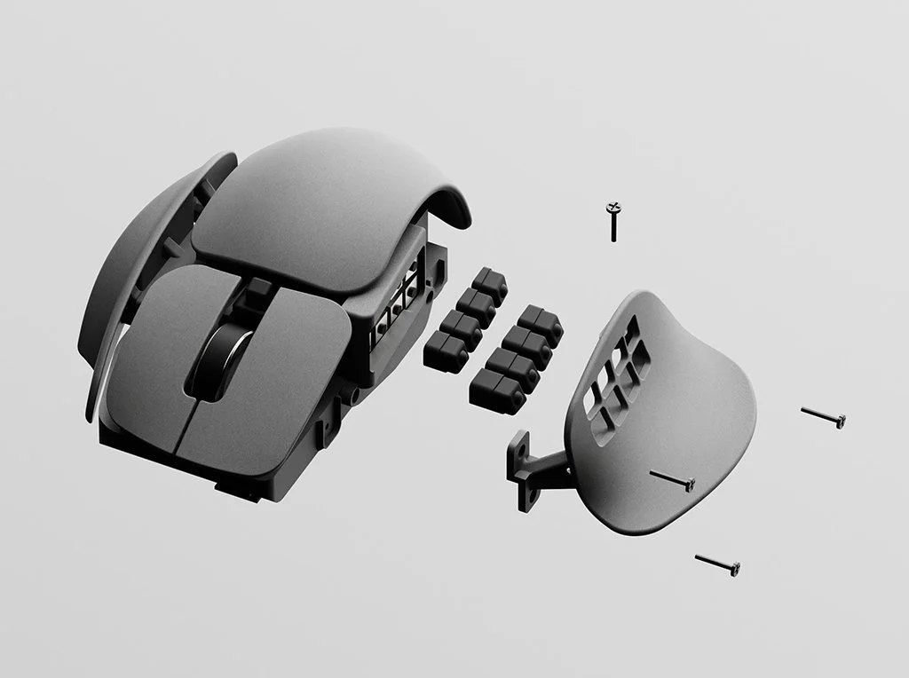 An exploded view of the Contour mouse, highlighting a construction designed for customisation, repairability, and longevity