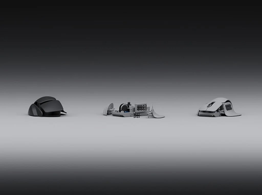 Three main stages within the Contour service design - from initial form exploration, through assembly, to the final configured mouse