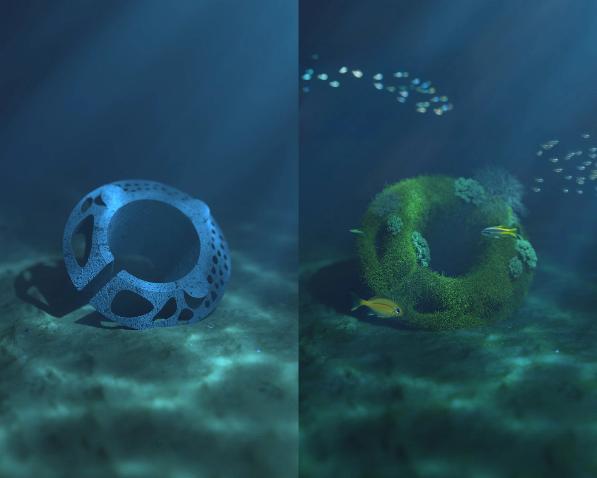Before and after render of artificial habitat.