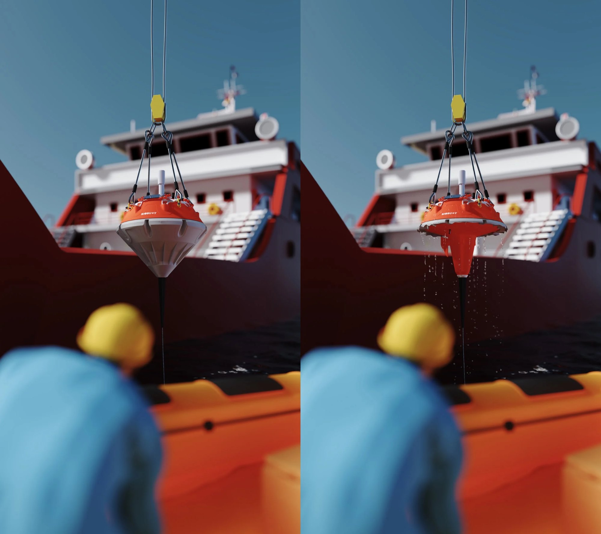 Before and after render of BIOBUOY drop-off and pick-up.