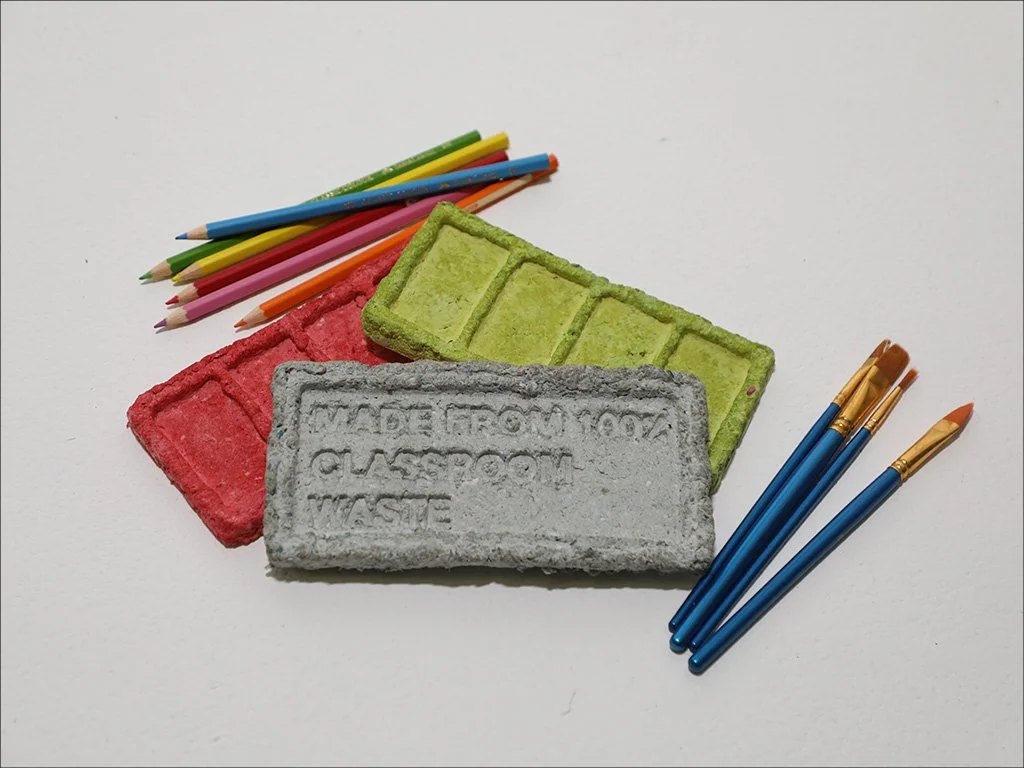 Paper pulp pencil trays, and paint palettes