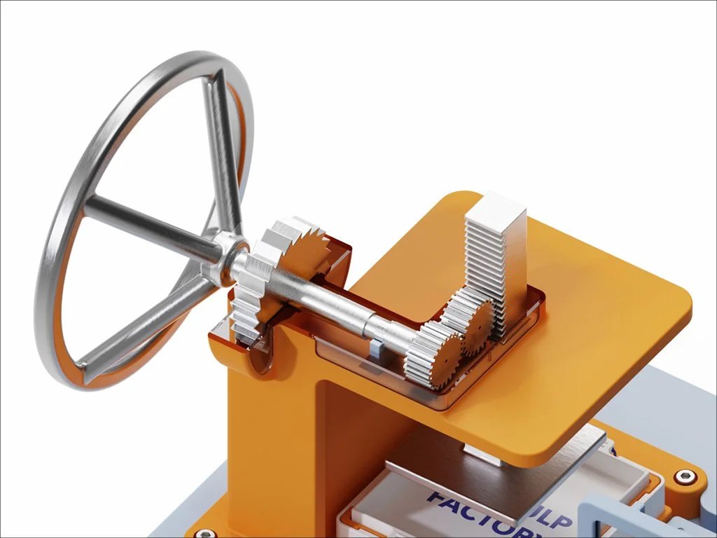When the safety shield is disengaged, stopper blocks wheel movement.